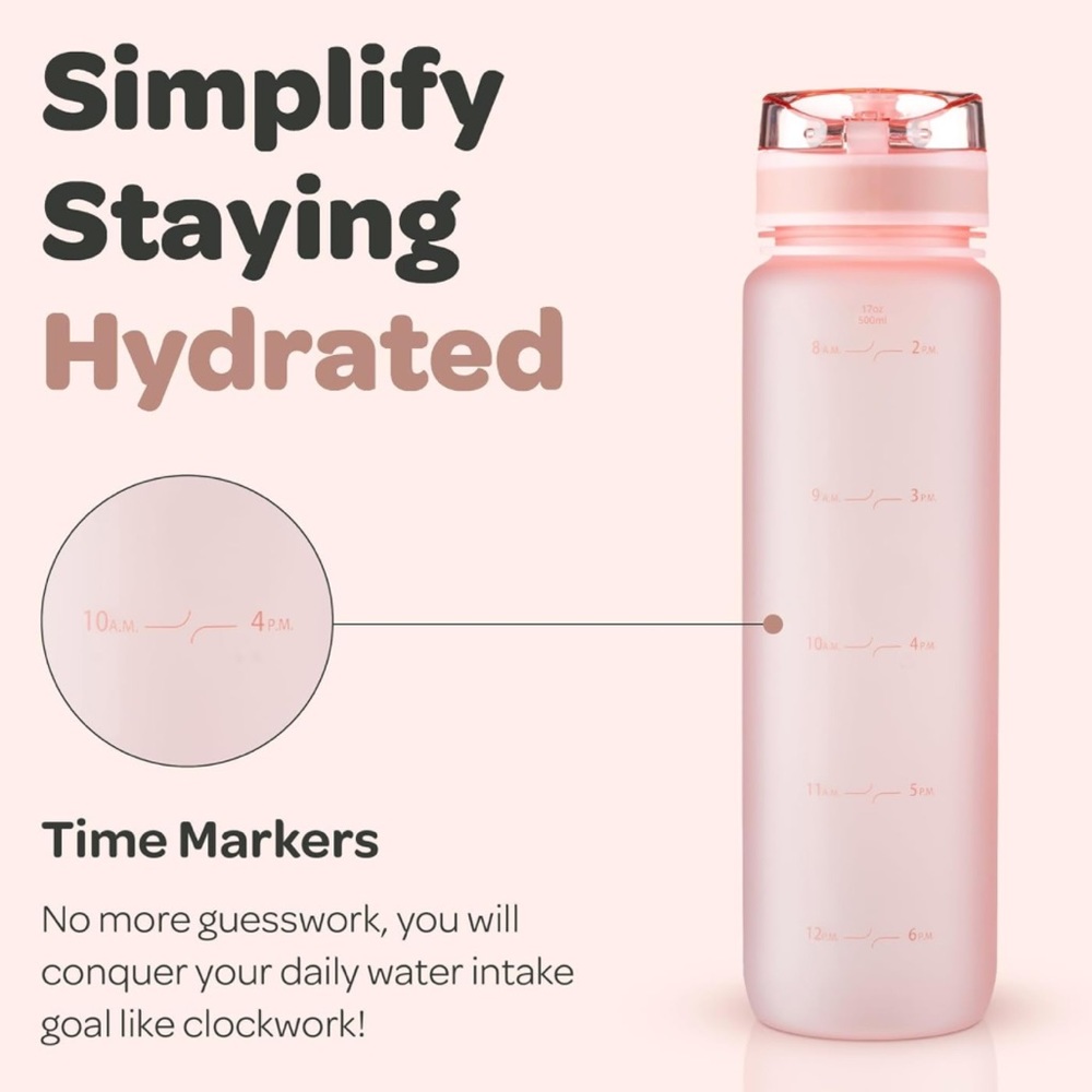 💧Hydracy Water Bottle w/ Time Marker💧~ 17 Oz BPA Free, Leak Proof ~Rose Gold